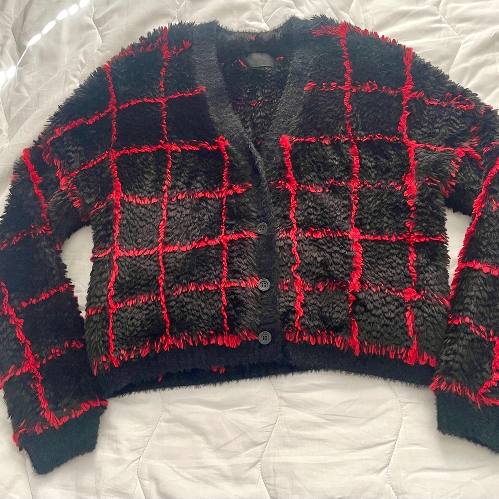 RtA Black and Red Grid Fuzzy Christmas Holiday Cardigan